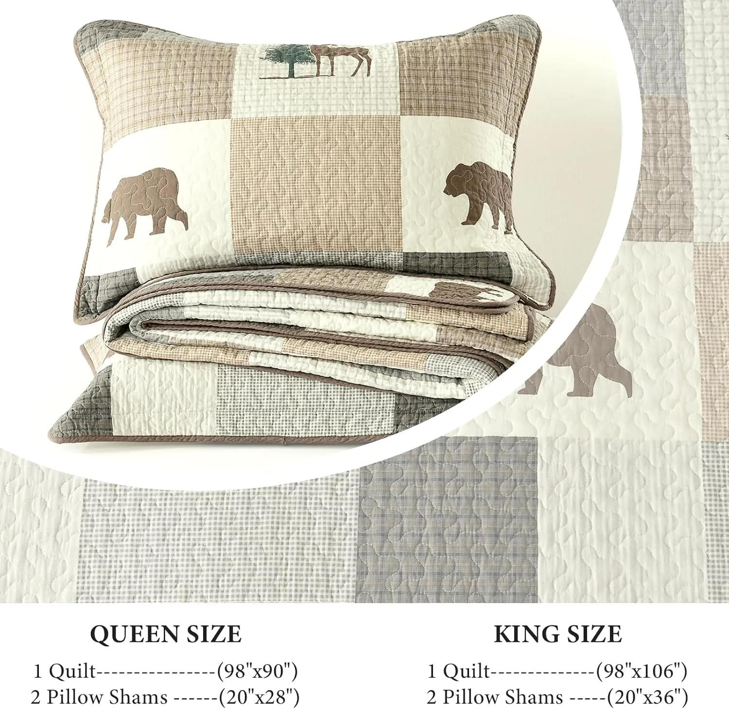 Uniclinens Plaid Quilt Set Queen Size, 100% Cotton Patchwork Quilts, Brown Farmhouse Lightweight Quilted Comforter, Soft Rustic Bedspread, 3 Pieces Set with 2 Pillowshams, Beige/Brown/Gray