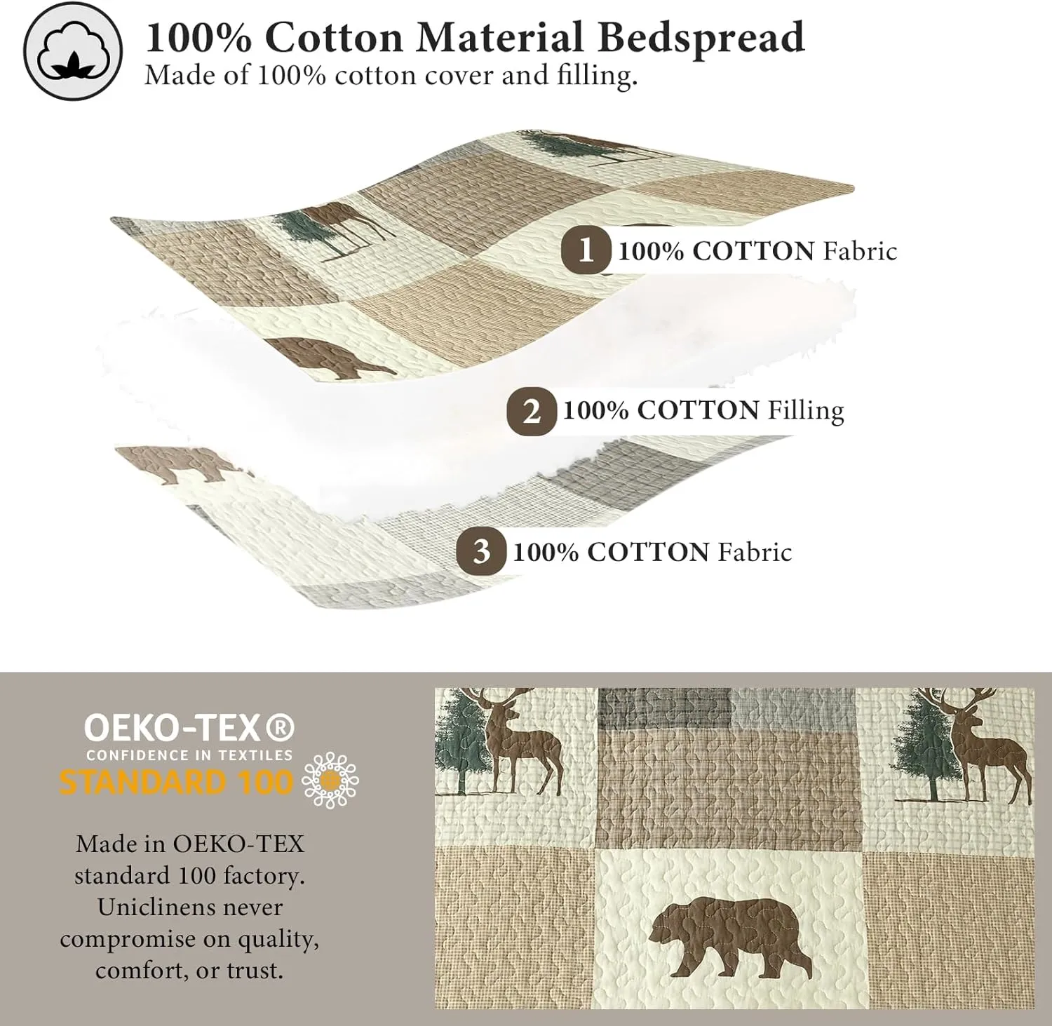 Uniclinens Plaid Quilt Set Queen Size, 100% Cotton Patchwork Quilts, Brown Farmhouse Lightweight Quilted Comforter, Soft Rustic Bedspread, 3 Pieces Set with 2 Pillowshams, Beige/Brown/Gray