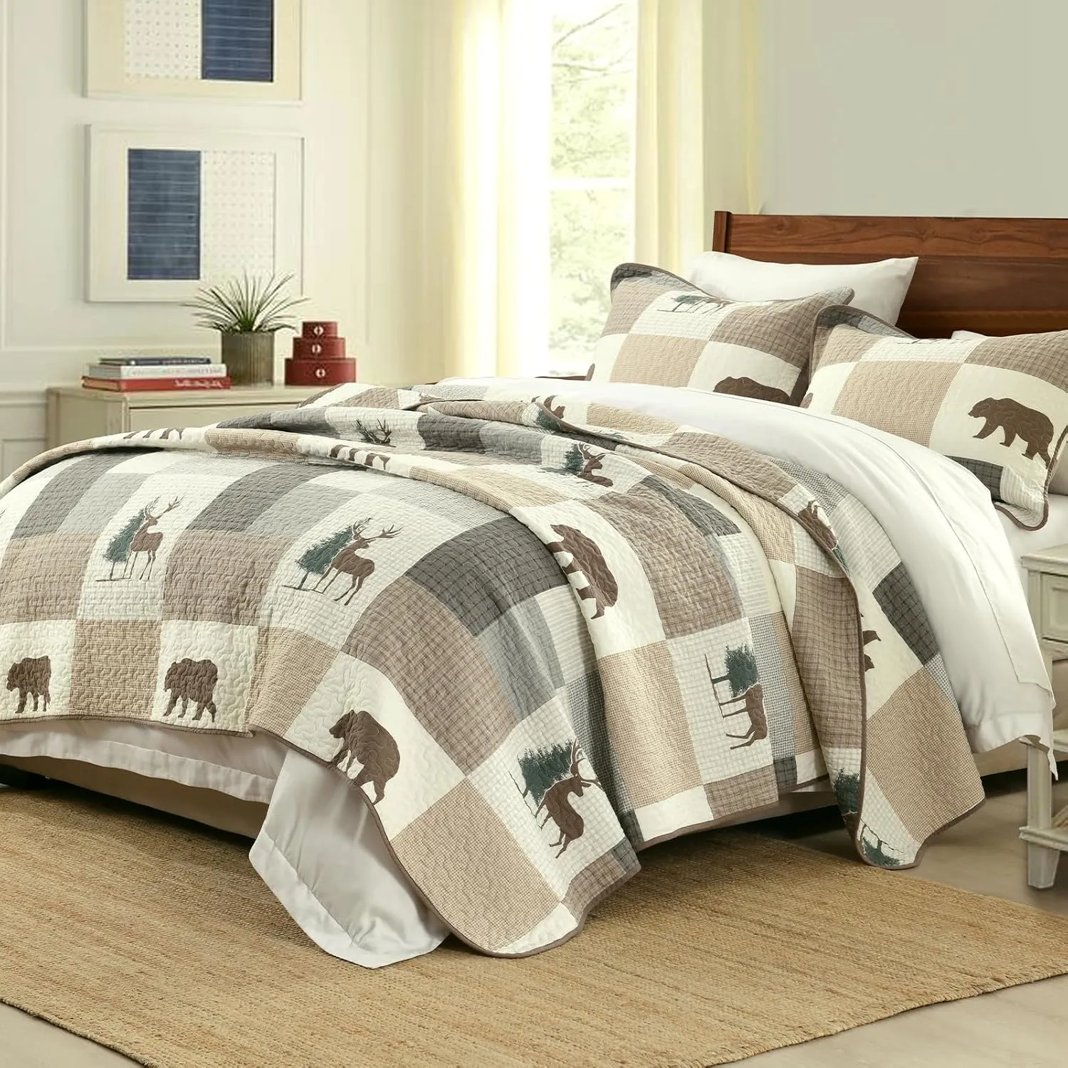 Uniclinens Plaid Quilt Set Queen Size, 100% Cotton Patchwork Quilts, Brown Farmhouse Lightweight Quilted Comforter, Soft Rustic Bedspread, 3 Pieces Set with 2 Pillowshams, Beige/Brown/Gray