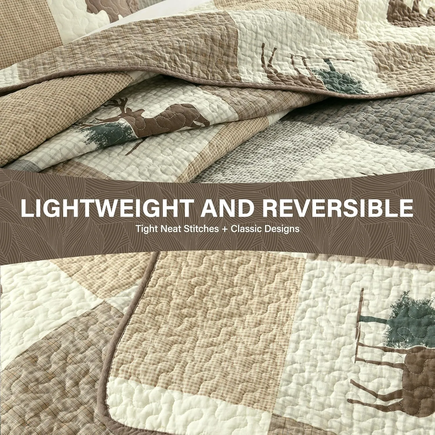 Uniclinens Plaid Quilt Set Queen Size, 100% Cotton Patchwork Quilts, Brown Farmhouse Lightweight Quilted Comforter, Soft Rustic Bedspread, 3 Pieces Set with 2 Pillowshams, Beige/Brown/Gray