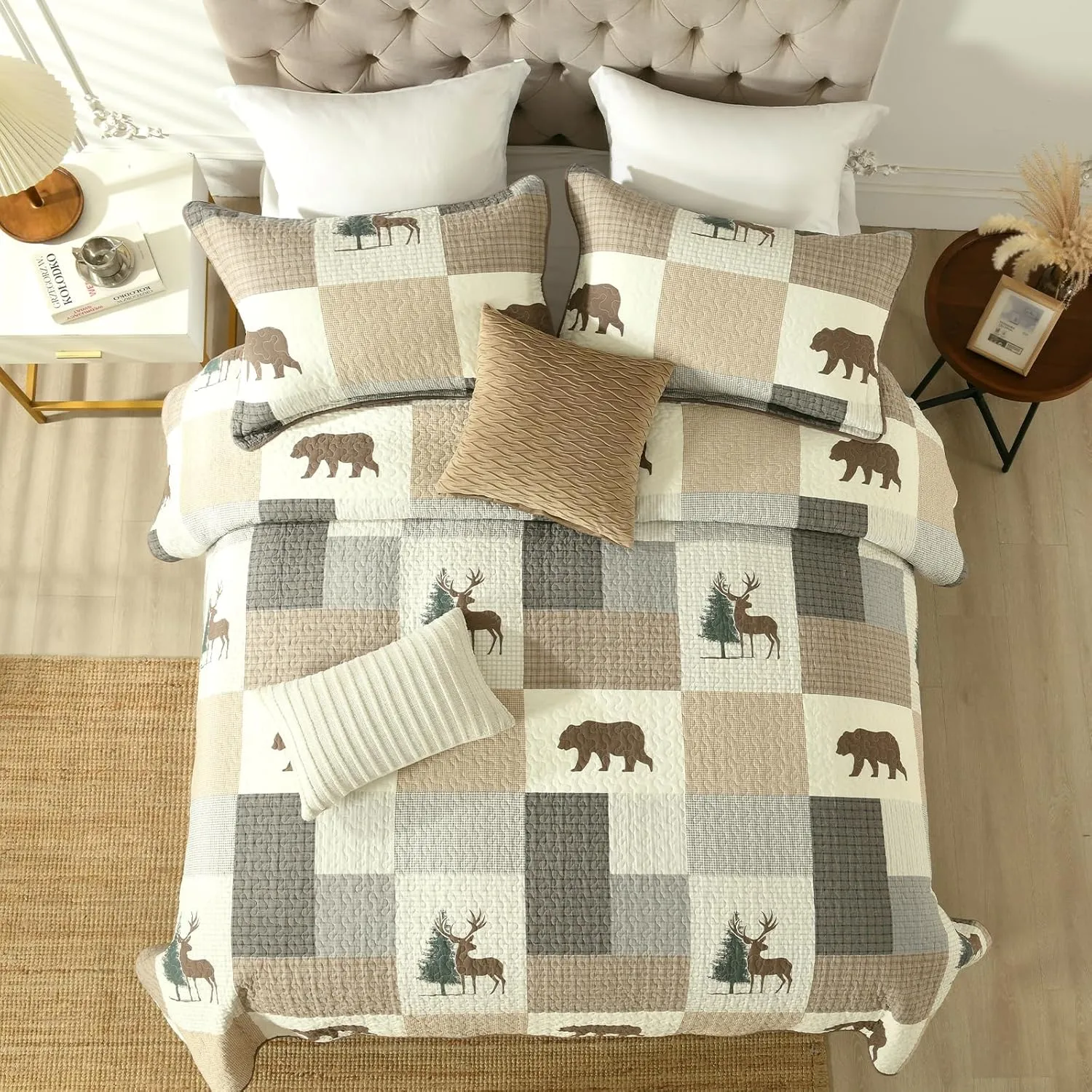 Uniclinens Plaid Quilt Set Queen Size, 100% Cotton Patchwork Quilts, Brown Farmhouse Lightweight Quilted Comforter, Soft Rustic Bedspread, 3 Pieces Set with 2 Pillowshams, Beige/Brown/Gray