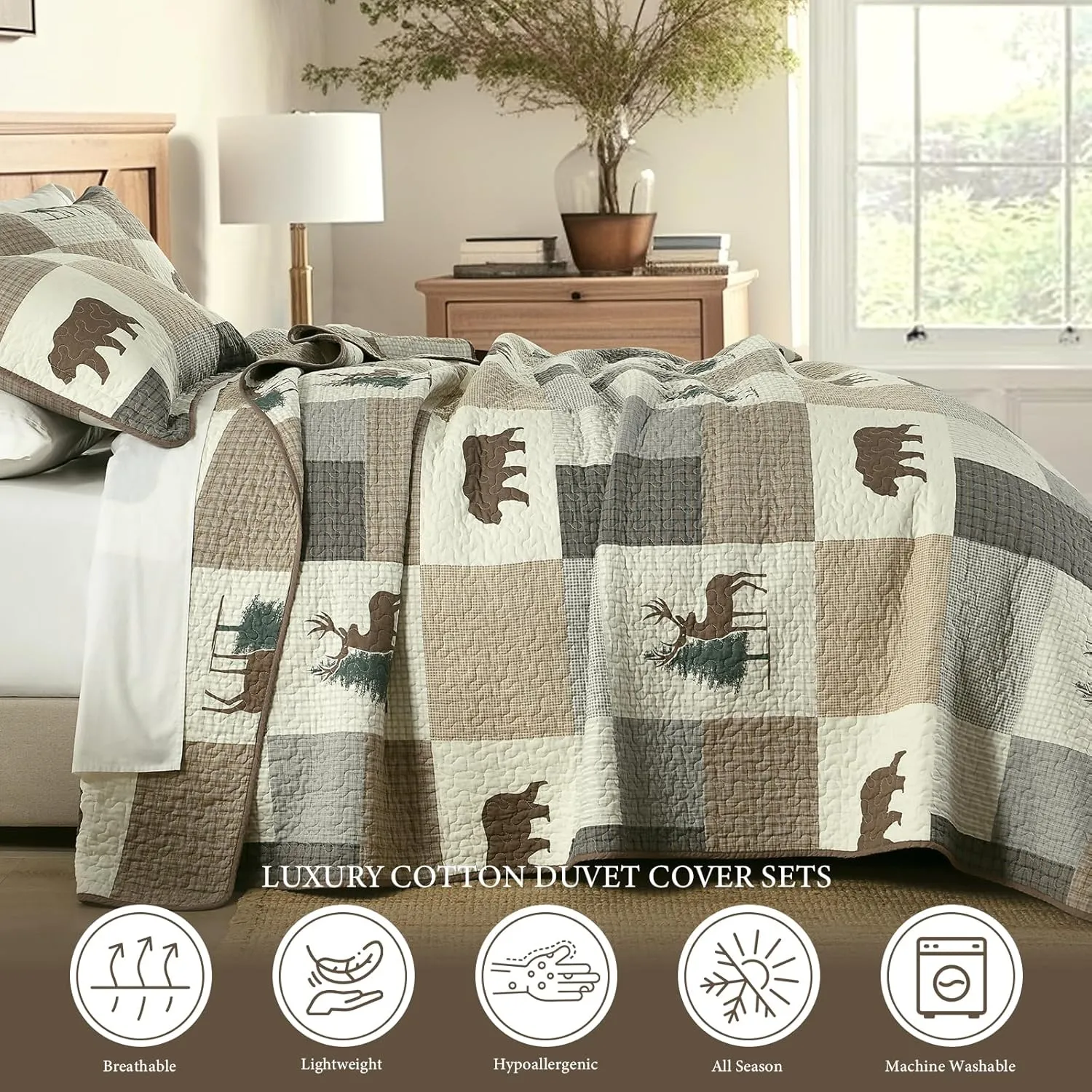 Uniclinens Plaid Quilt Set Queen Size, 100% Cotton Patchwork Quilts, Brown Farmhouse Lightweight Quilted Comforter, Soft Rustic Bedspread, 3 Pieces Set with 2 Pillowshams, Beige/Brown/Gray