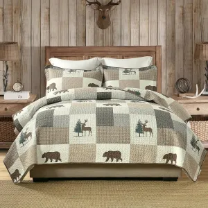 Uniclinens Plaid Quilt Set Queen Size, 100% Cotton Patchwork Quilts, Brown Farmhouse Lightweight Quilted Comforter, Soft Rustic Bedspread, 3 Pieces Set with 2 Pillowshams, Beige/Brown/Gray