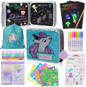 Unicorn Coloring Sets for Kids Ages 4-8, Great Travel Coloring Kit Or Activity Set for Kids Ages 3-5 with Erasable Doodle Book, Stickers, Scratch Paper, Washable Markers, Unicorn Gifts for Girls