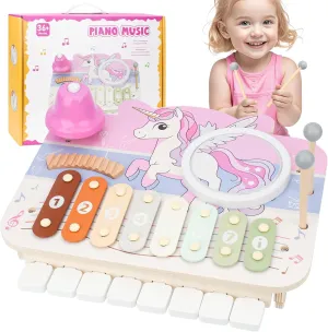 Unicorn Kids Piano Musical Toys - 5 in 1 Wooden Music Instruments Montessori Toys for Baby Toddler, Sensory Toys with Drum Xylophone, Preschool Educational Toys, Birthday Unicorn Gifts for Girls Pink
