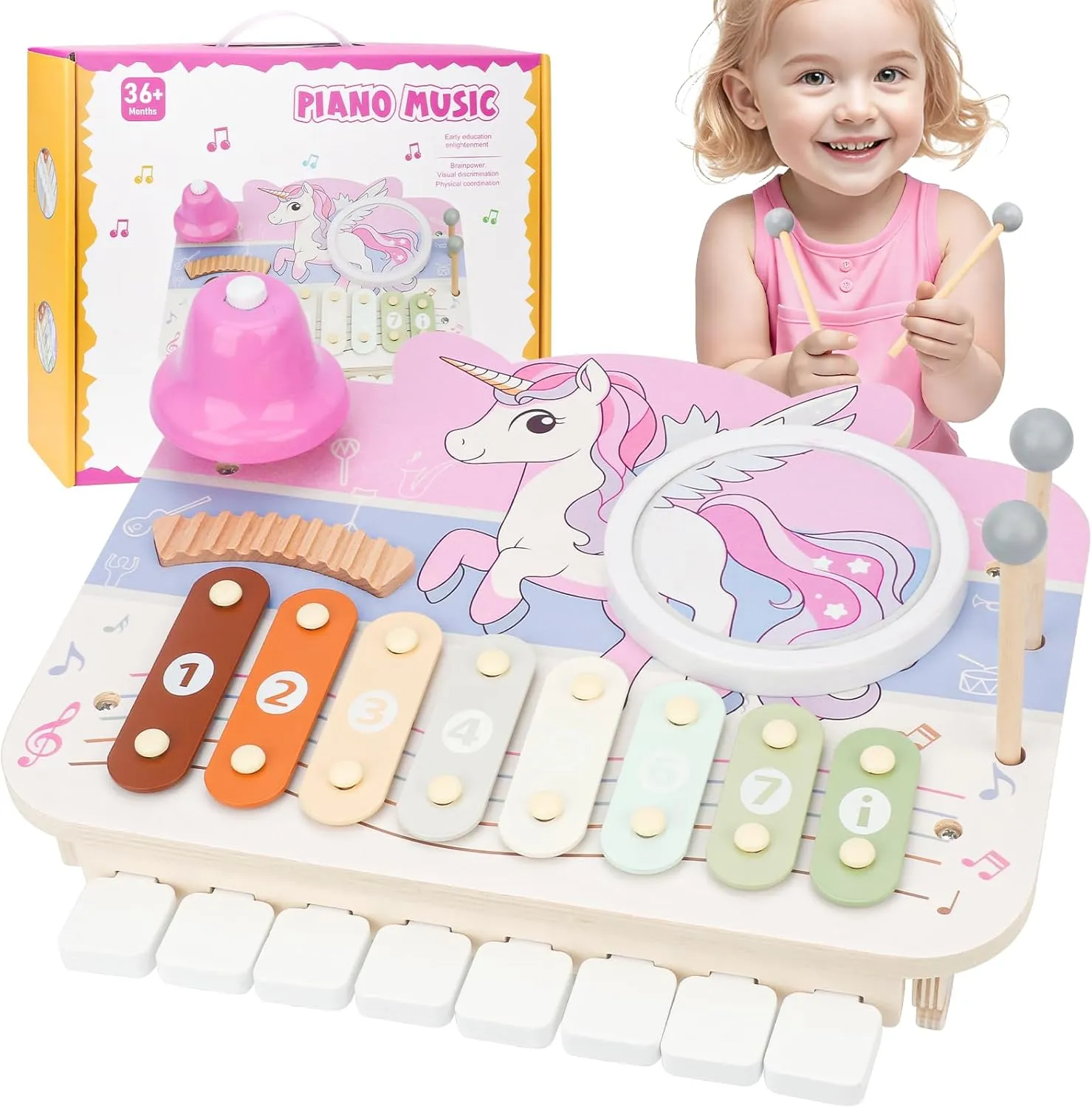Unicorn Kids Piano Musical Toys - 5 in 1 Wooden Music Instruments Montessori Toys for Baby Toddler, Sensory Toys with Drum Xylophone, Preschool Educational Toys, Birthday Unicorn Gifts for Girls Pink
