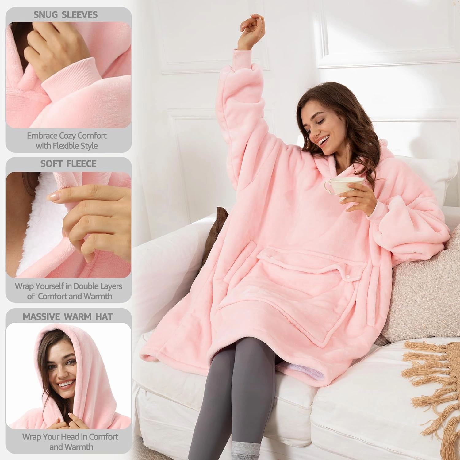 UNIQUEBELLA Wearable Blanket Hoodie with Boho Style, Extra Thick Oversized Flannel Sweatshirt Blanket with Giant Hood Pocket