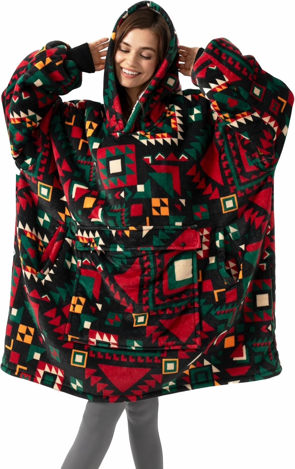 UNIQUEBELLA Wearable Blanket Hoodie with Boho Style, Extra Thick Oversized Flannel Sweatshirt Blanket with Giant Hood Pocket