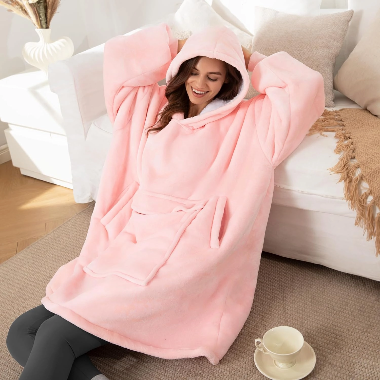 UNIQUEBELLA Wearable Blanket Hoodie with Boho Style, Extra Thick Oversized Flannel Sweatshirt Blanket with Giant Hood Pocket