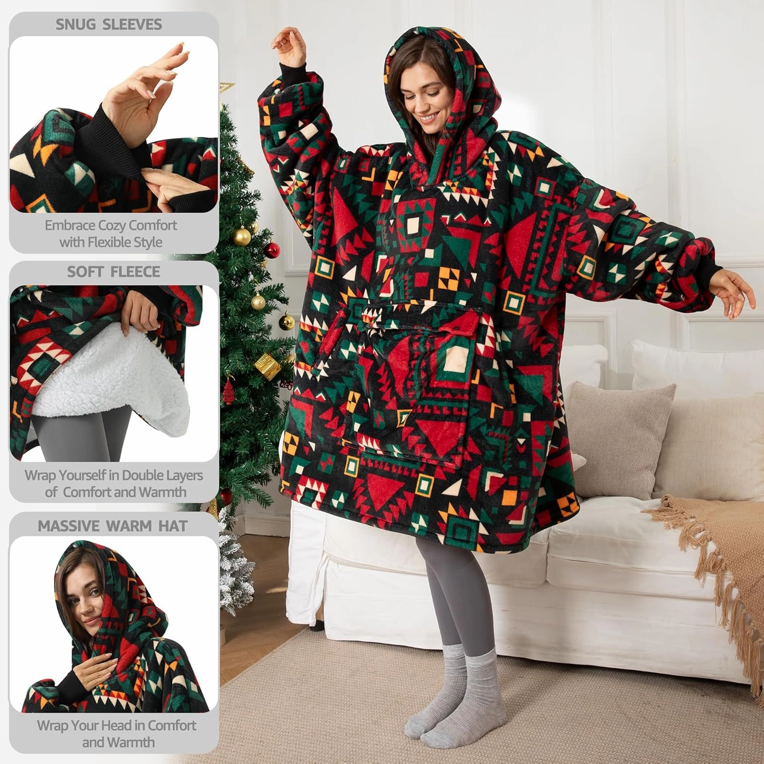 UNIQUEBELLA Wearable Blanket Hoodie with Boho Style, Extra Thick Oversized Flannel Sweatshirt Blanket with Giant Hood Pocket