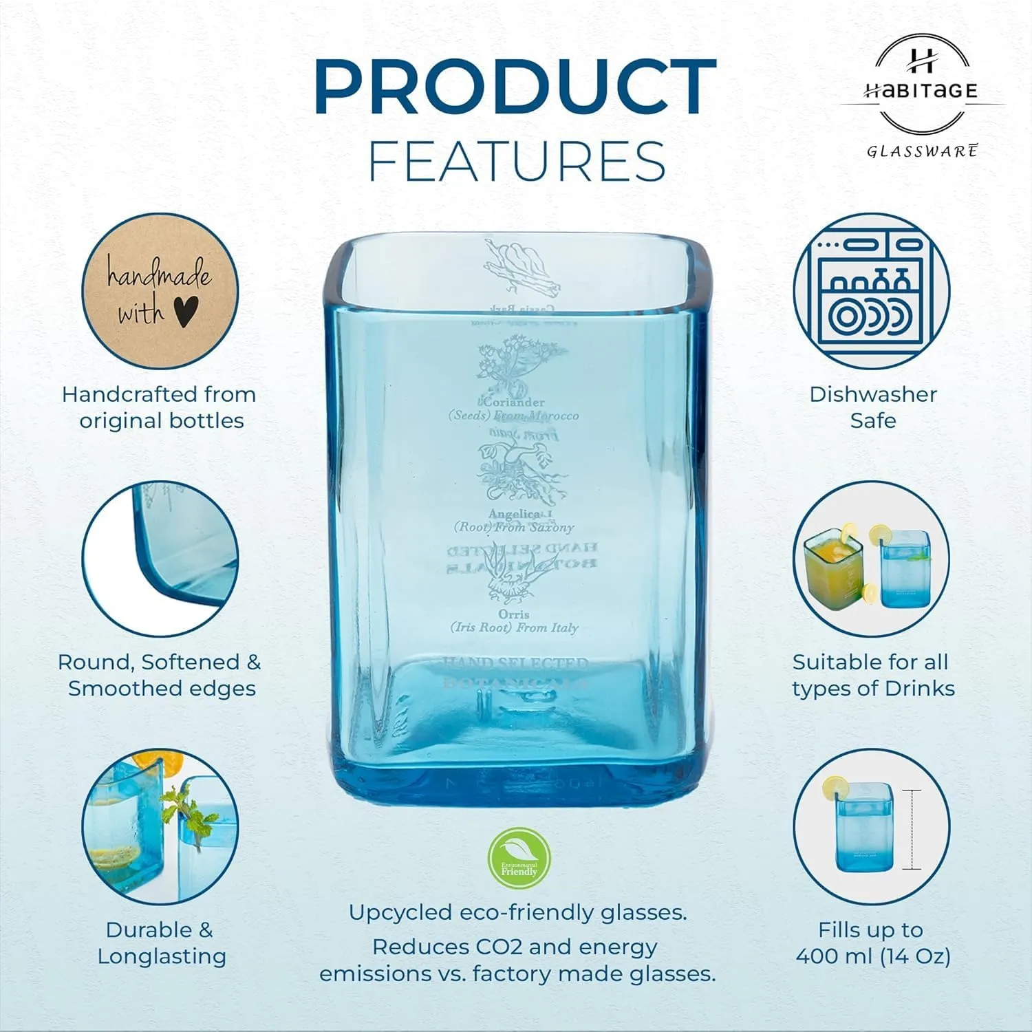 Upcycled Bombay Sapphire Glasses Set of 2 with Velvet Gift Box | Eco-friendly Glassware Handcrafted from Gin Bottles | Ideal for Gin, Whiskey, Juices, Smoothies, Cocktails
