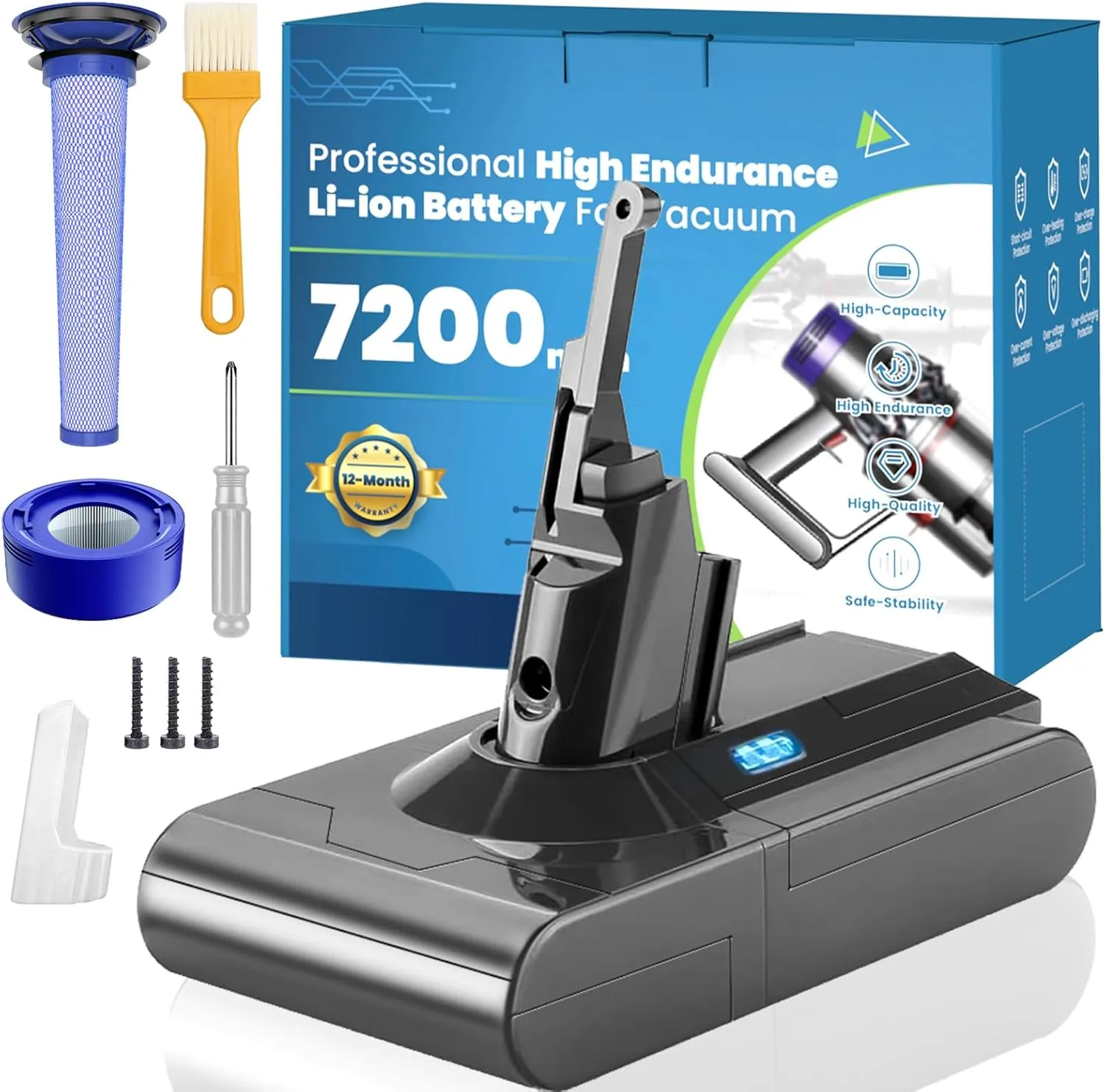 Upgraded 7200mAh V8 Battery Replacement, 25.2V High Capacity Battery Perfectly Compatible with Dyson V8 Animal/Motorhead/Absolute/Fluffy/SV10 Vacuum Cleaner with 2 Filters and 3 Screws Included