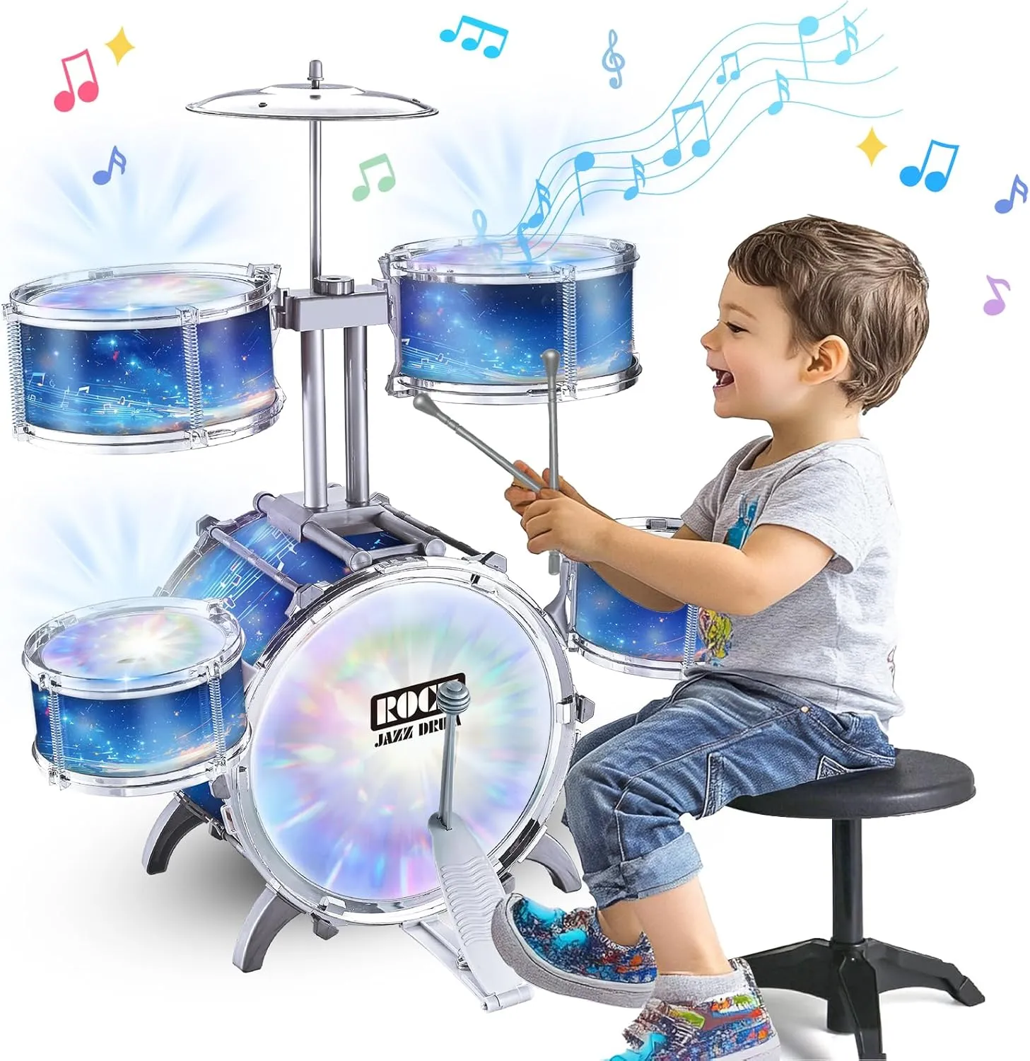Upgraded Kids Drum Set for Toddlers 1-3, 5 Jazz Drum Kit with Lights and Vibration Control, Alloy Musical Instruments Toys Gifts for Boys Aged 3-5 4-6 5-7.