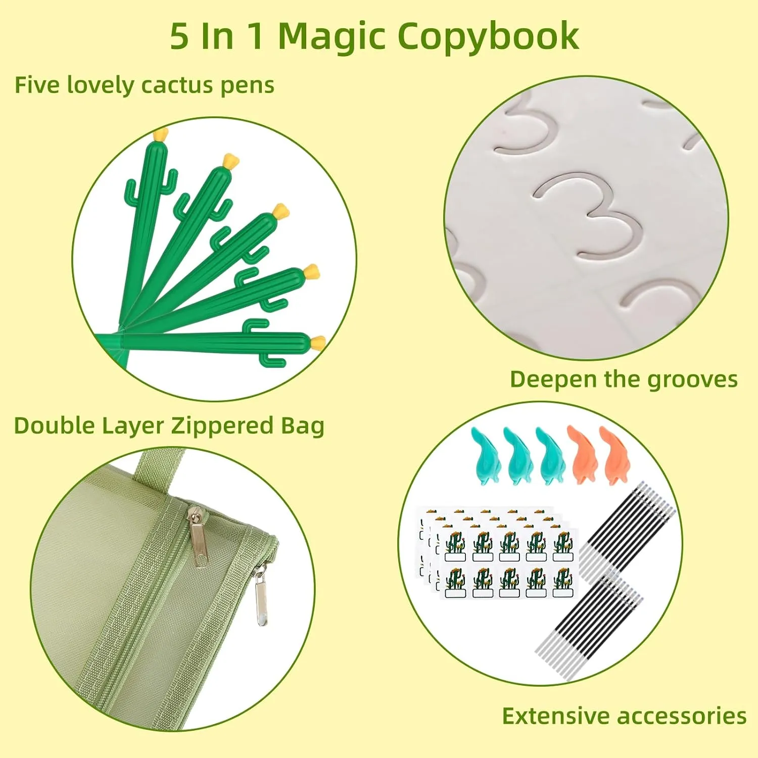 Upgraded Large Size Magic Practice Copybook for Kids, Reusable Grooved Handwriting Practice Book for Preschool Kids Age 3-8 Calligraphy with Catus Pens & Storage Bag (5PCS 7.3 * 10.3 inch)