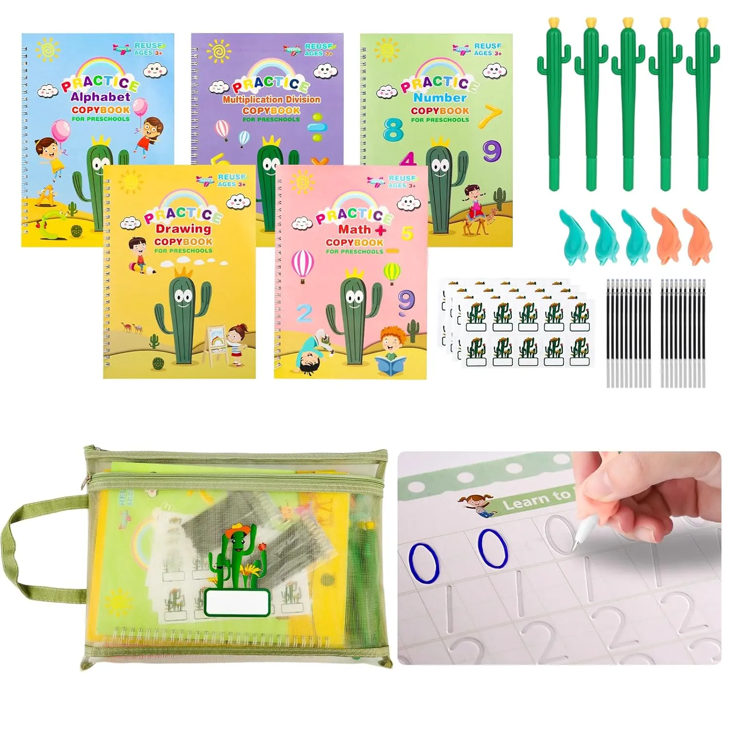 Upgraded Large Size Magic Practice Copybook for Kids, Reusable Grooved Handwriting Practice Book for Preschool Kids Age 3-8 Calligraphy with Catus Pens & Storage Bag (5PCS 7.3 * 10.3 inch)