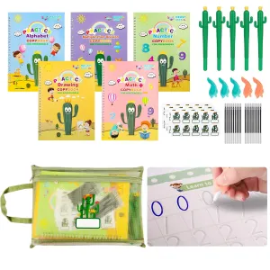 Upgraded Large Size Magic Practice Copybook for Kids, Reusable Grooved Handwriting Practice Book for Preschool Kids Age 3-8 Calligraphy with Catus Pens & Storage Bag (5PCS 7.3 * 10.3 inch)