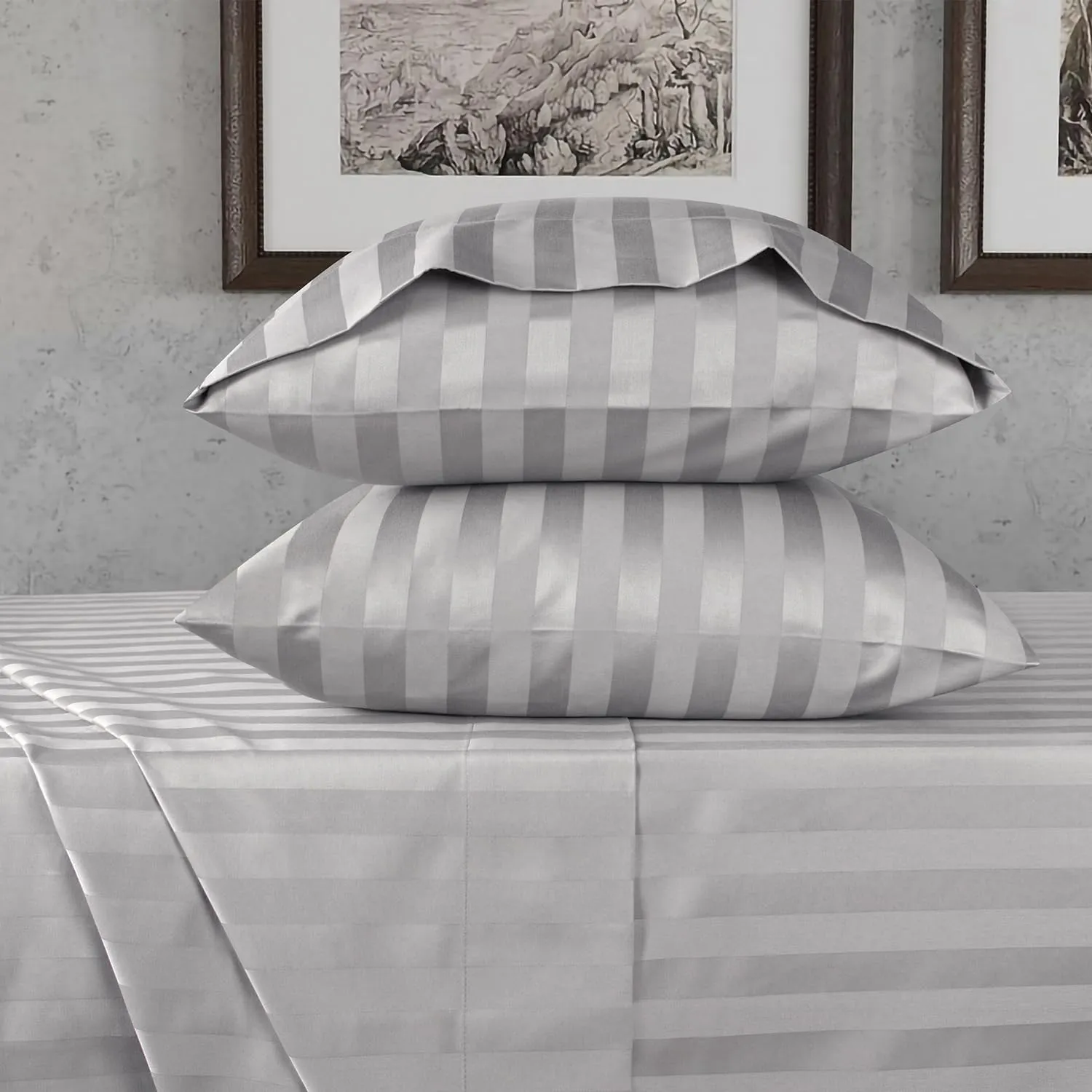 URBANHUT 800 Thread Count Egyptian Cotton Damask Striped King Size Sheets Set (4 Pc) - Ultra Soft & Smooth, Sateen Weave King Sheets, Luxury Hotel Sheets with 16" Deep Pocket - Silver Grey