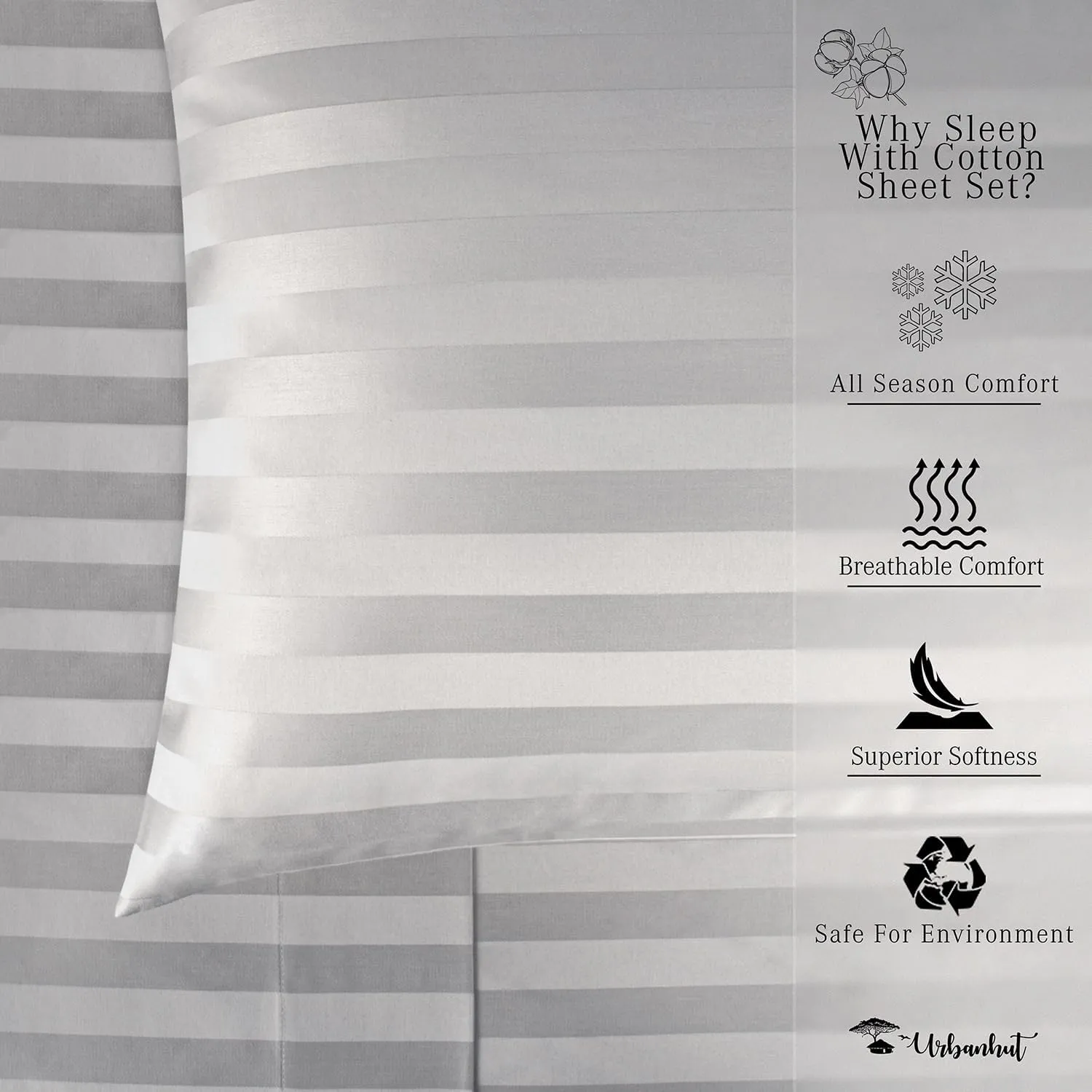 URBANHUT 800 Thread Count Egyptian Cotton Damask Striped King Size Sheets Set (4 Pc) - Ultra Soft & Smooth, Sateen Weave King Sheets, Luxury Hotel Sheets with 16" Deep Pocket - Silver Grey