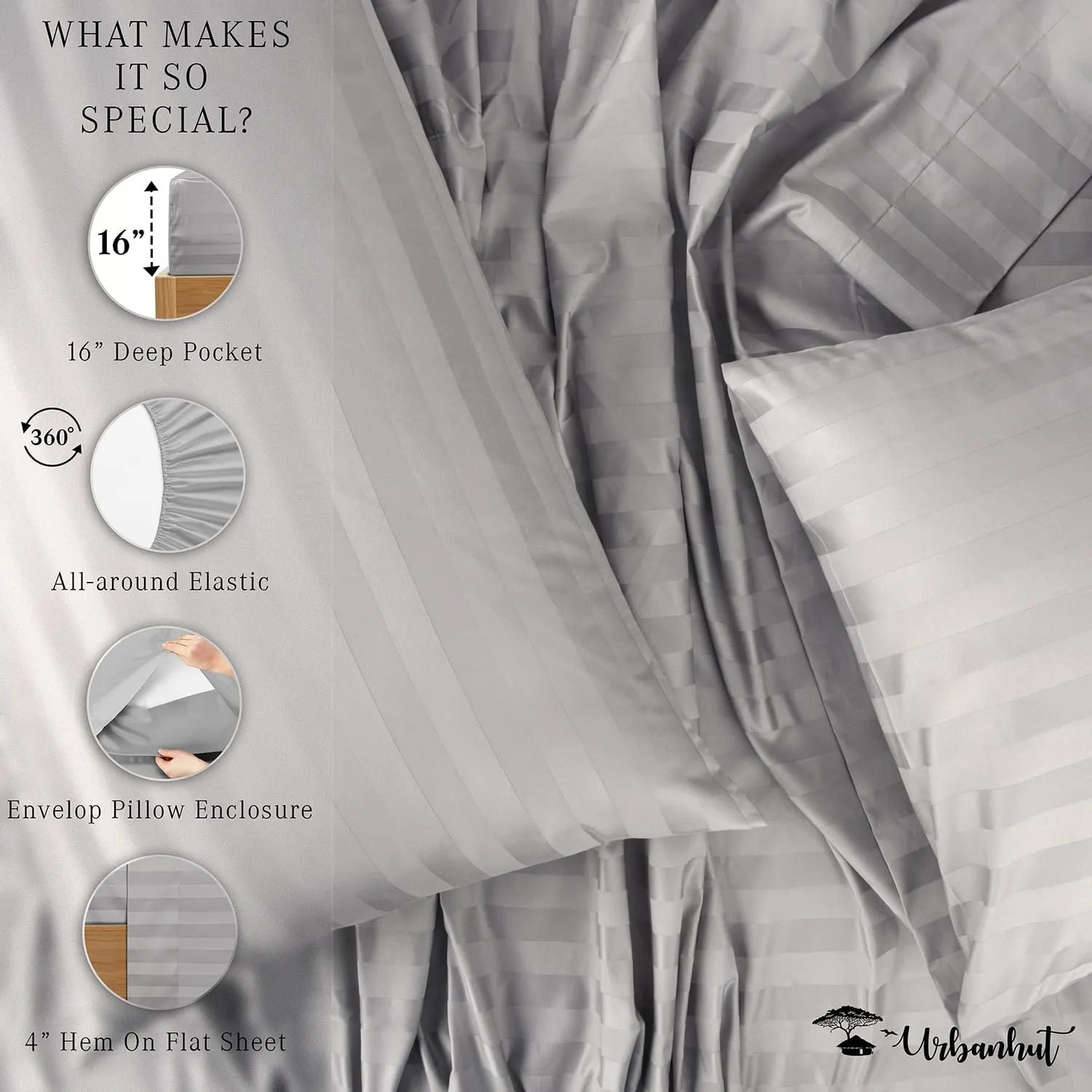 URBANHUT 800 Thread Count Egyptian Cotton Damask Striped King Size Sheets Set (4 Pc) - Ultra Soft & Smooth, Sateen Weave King Sheets, Luxury Hotel Sheets with 16" Deep Pocket - Silver Grey
