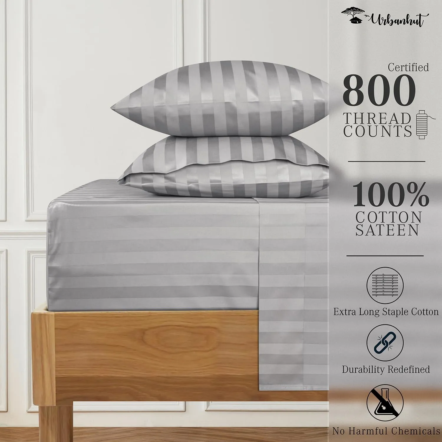 URBANHUT 800 Thread Count Egyptian Cotton Damask Striped King Size Sheets Set (4 Pc) - Ultra Soft & Smooth, Sateen Weave King Sheets, Luxury Hotel Sheets with 16" Deep Pocket - Silver Grey