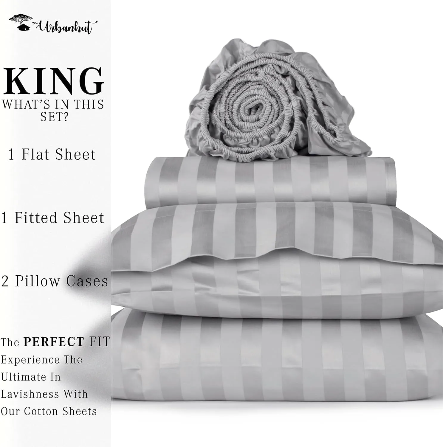 URBANHUT 800 Thread Count Egyptian Cotton Damask Striped King Size Sheets Set (4 Pc) - Ultra Soft & Smooth, Sateen Weave King Sheets, Luxury Hotel Sheets with 16" Deep Pocket - Silver Grey