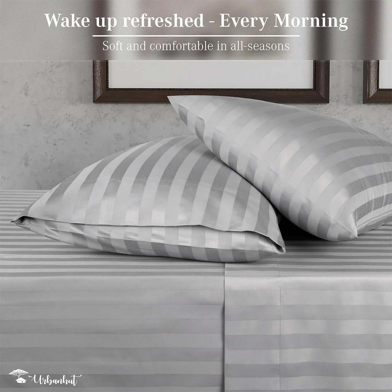 URBANHUT 800 Thread Count Egyptian Cotton Damask Striped King Size Sheets Set (4 Pc) - Ultra Soft & Smooth, Sateen Weave King Sheets, Luxury Hotel Sheets with 16" Deep Pocket - Silver Grey