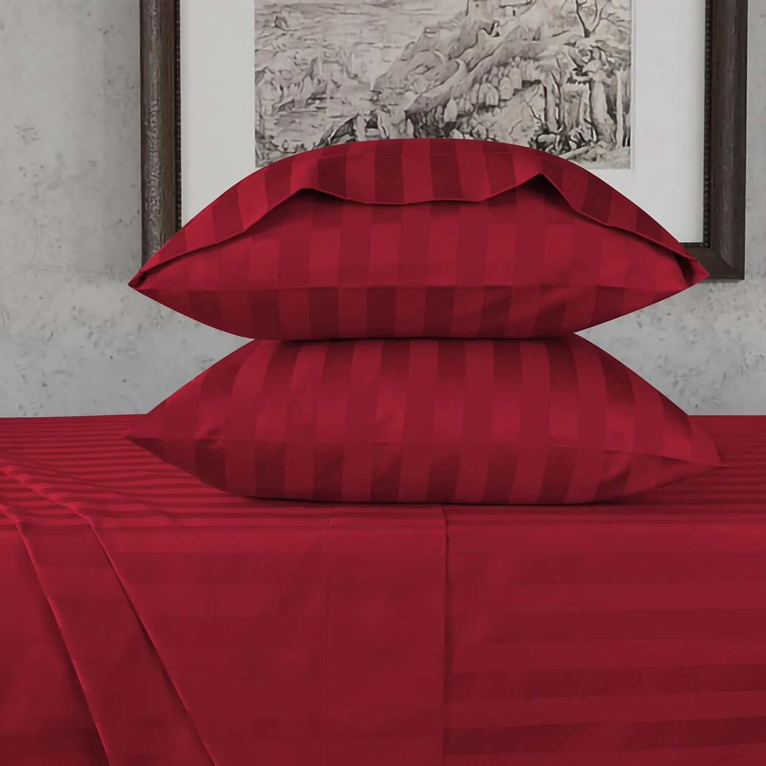 URBANHUT 800 Thread Count Egyptian Cotton Damask Striped King Size Sheets Set (4 Pc) - Ultra Soft & Smooth, Sateen Weave King Size Sheets, Luxury Hotel Sheets with 16" Deep Pocket - Burgundy