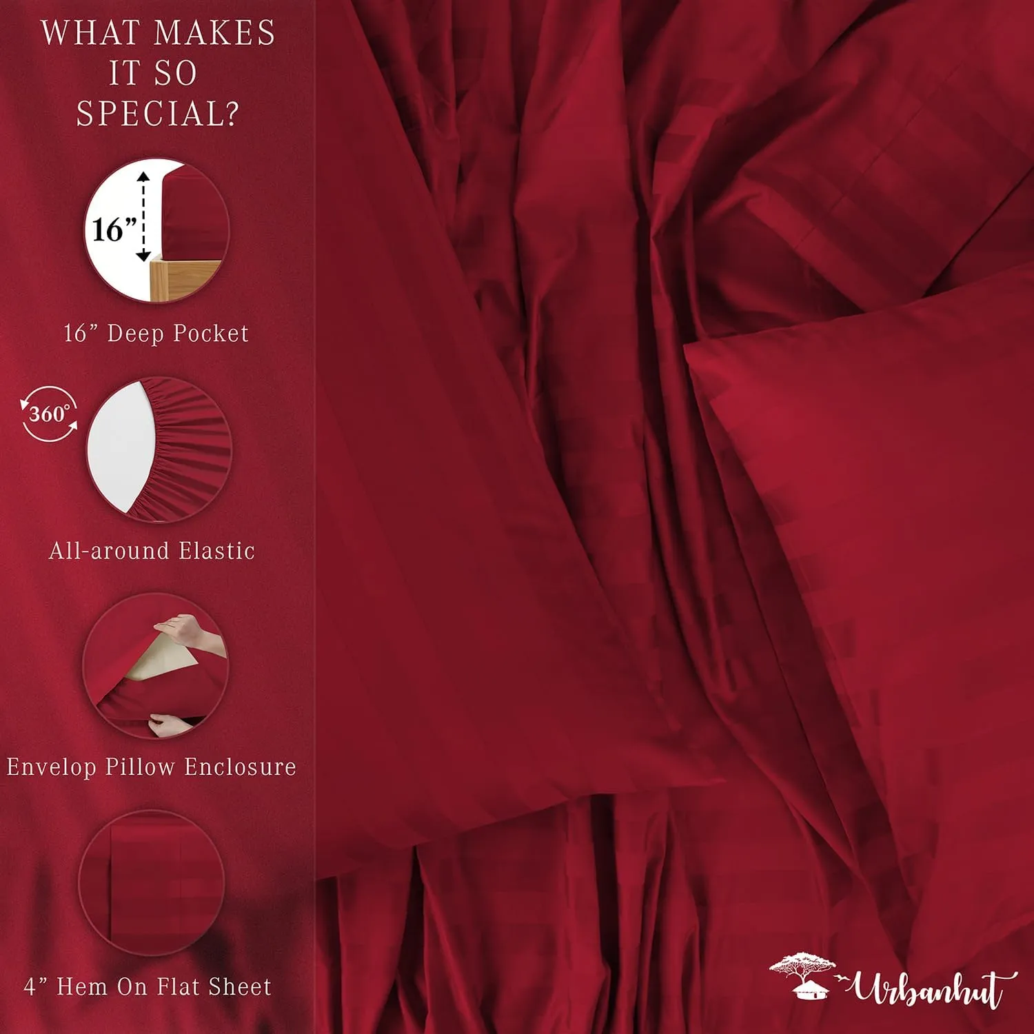 URBANHUT 800 Thread Count Egyptian Cotton Damask Striped King Size Sheets Set (4 Pc) - Ultra Soft & Smooth, Sateen Weave King Size Sheets, Luxury Hotel Sheets with 16" Deep Pocket - Burgundy