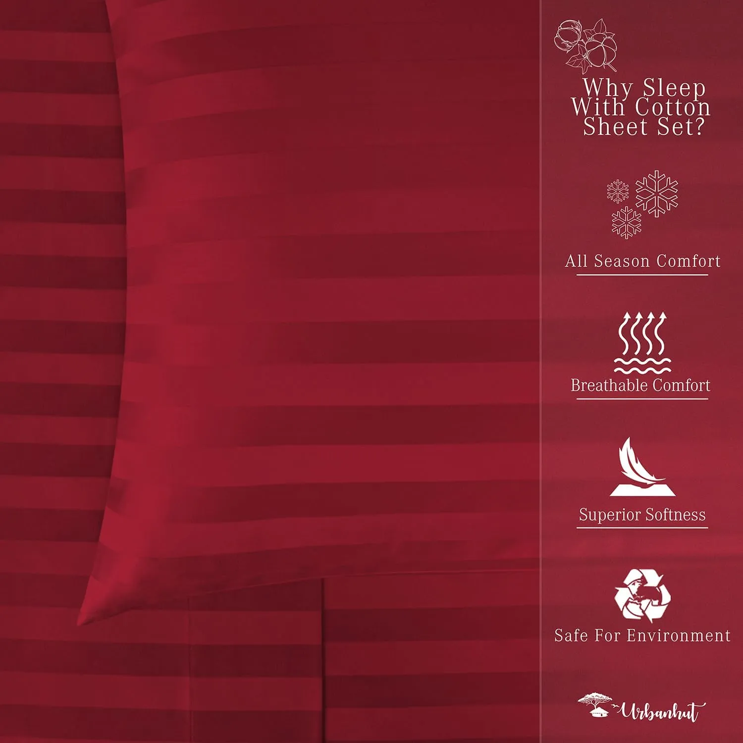 URBANHUT 800 Thread Count Egyptian Cotton Damask Striped King Size Sheets Set (4 Pc) - Ultra Soft & Smooth, Sateen Weave King Size Sheets, Luxury Hotel Sheets with 16" Deep Pocket - Burgundy