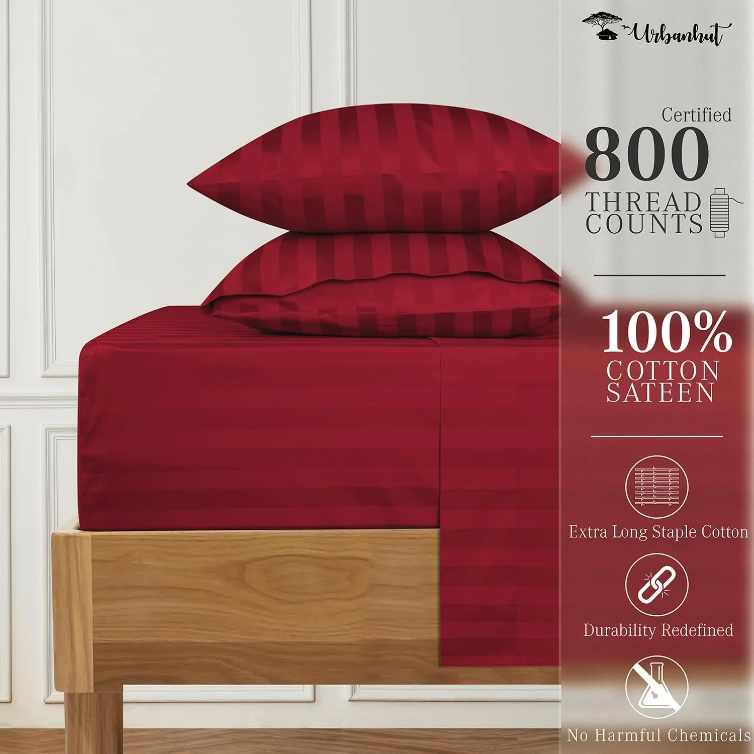 URBANHUT 800 Thread Count Egyptian Cotton Damask Striped King Size Sheets Set (4 Pc) - Ultra Soft & Smooth, Sateen Weave King Size Sheets, Luxury Hotel Sheets with 16" Deep Pocket - Burgundy