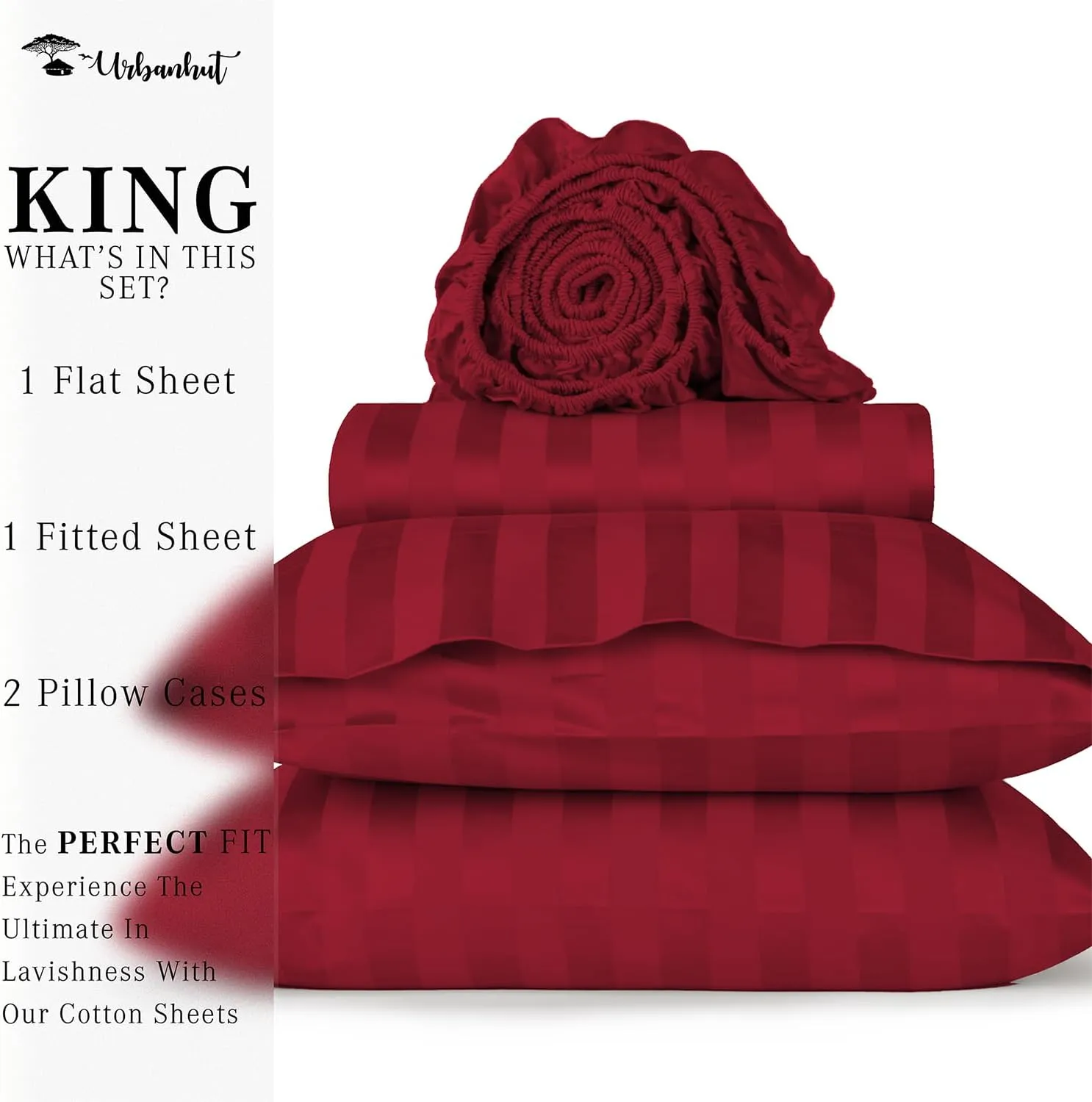 URBANHUT 800 Thread Count Egyptian Cotton Damask Striped King Size Sheets Set (4 Pc) - Ultra Soft & Smooth, Sateen Weave King Size Sheets, Luxury Hotel Sheets with 16" Deep Pocket - Burgundy