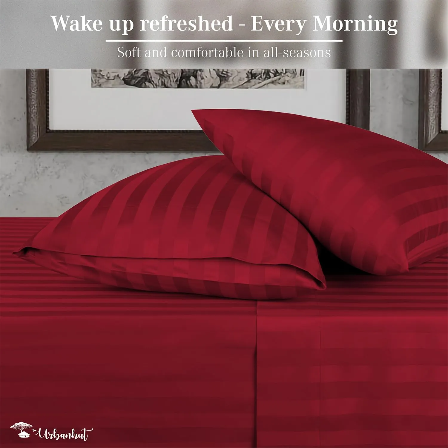 URBANHUT 800 Thread Count Egyptian Cotton Damask Striped King Size Sheets Set (4 Pc) - Ultra Soft & Smooth, Sateen Weave King Size Sheets, Luxury Hotel Sheets with 16" Deep Pocket - Burgundy