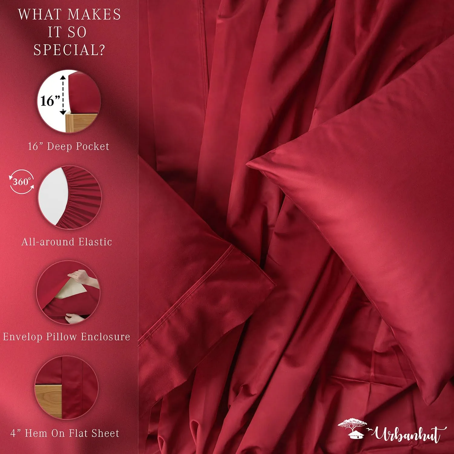 URBANHUT 800 Thread Count Egyptian Cotton Sheets Set King Size, Long Staple Sheets, Soft & Breathable, 4 Pc Bed Sheet Sets For King Size Bed, Luxury Hotel Sateen Sheets Fits 16" Deep Pocket - Burgundy