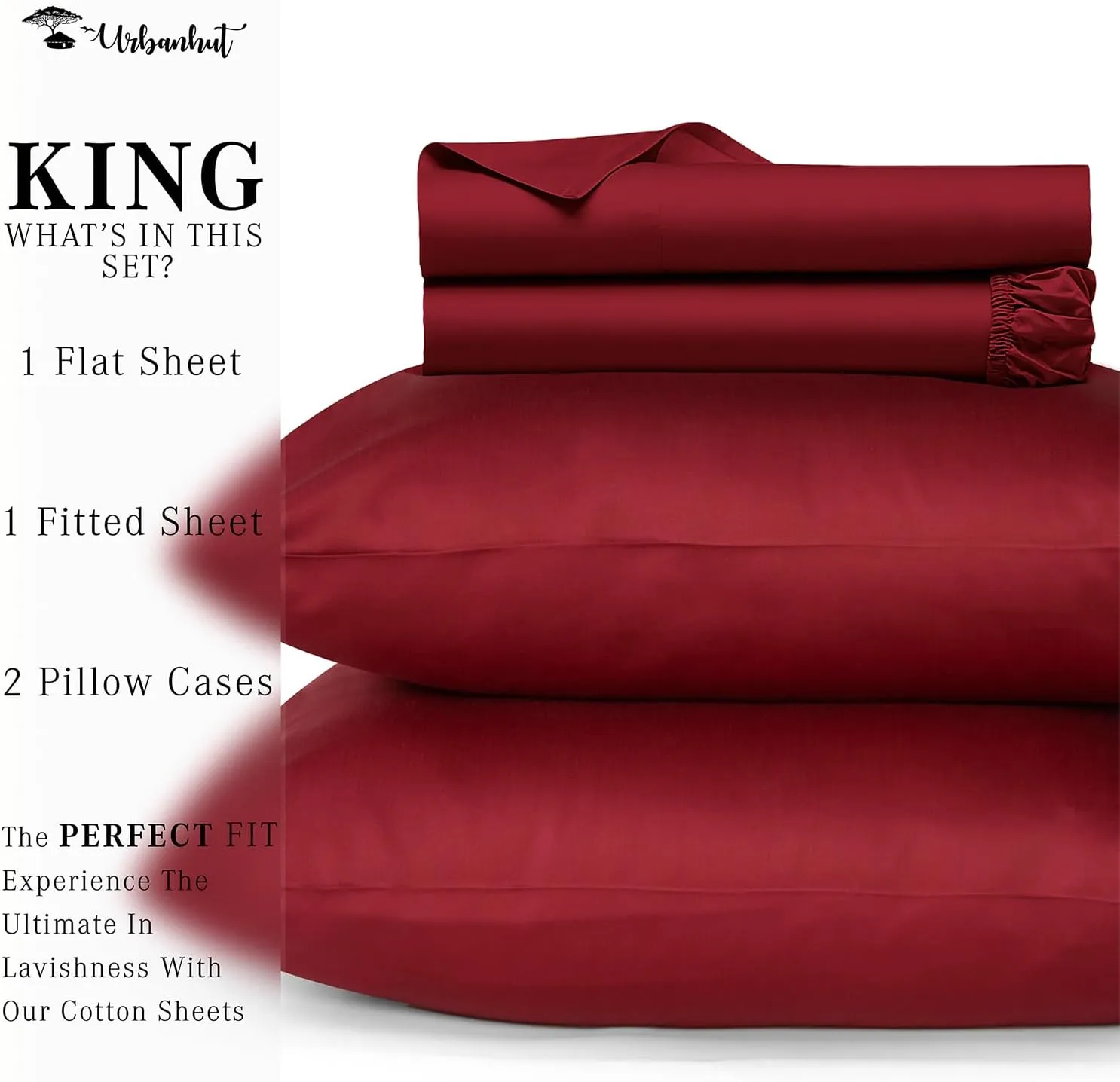 URBANHUT 800 Thread Count Egyptian Cotton Sheets Set King Size, Long Staple Sheets, Soft & Breathable, 4 Pc Bed Sheet Sets For King Size Bed, Luxury Hotel Sateen Sheets Fits 16" Deep Pocket - Burgundy