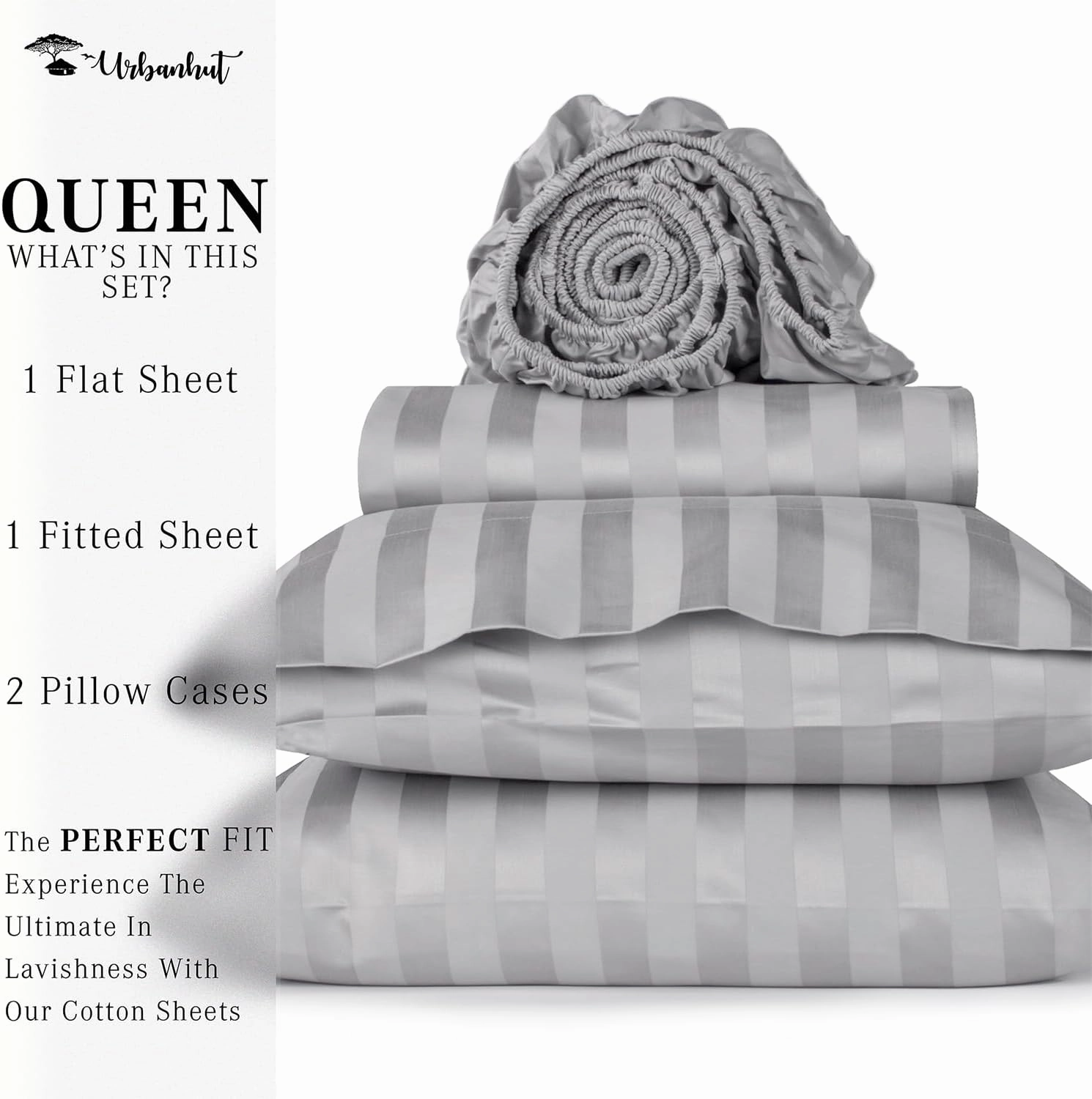 URBANHUT 800 Thread Count Egyptian Cotton Damask Striped Queen Size Sheets Set (4 Pc) - Ultra Soft & Smooth, Sateen Weave Queen Size Sheets, Luxury Hotel Sheets with 16" Deep Pocket - Silver Grey