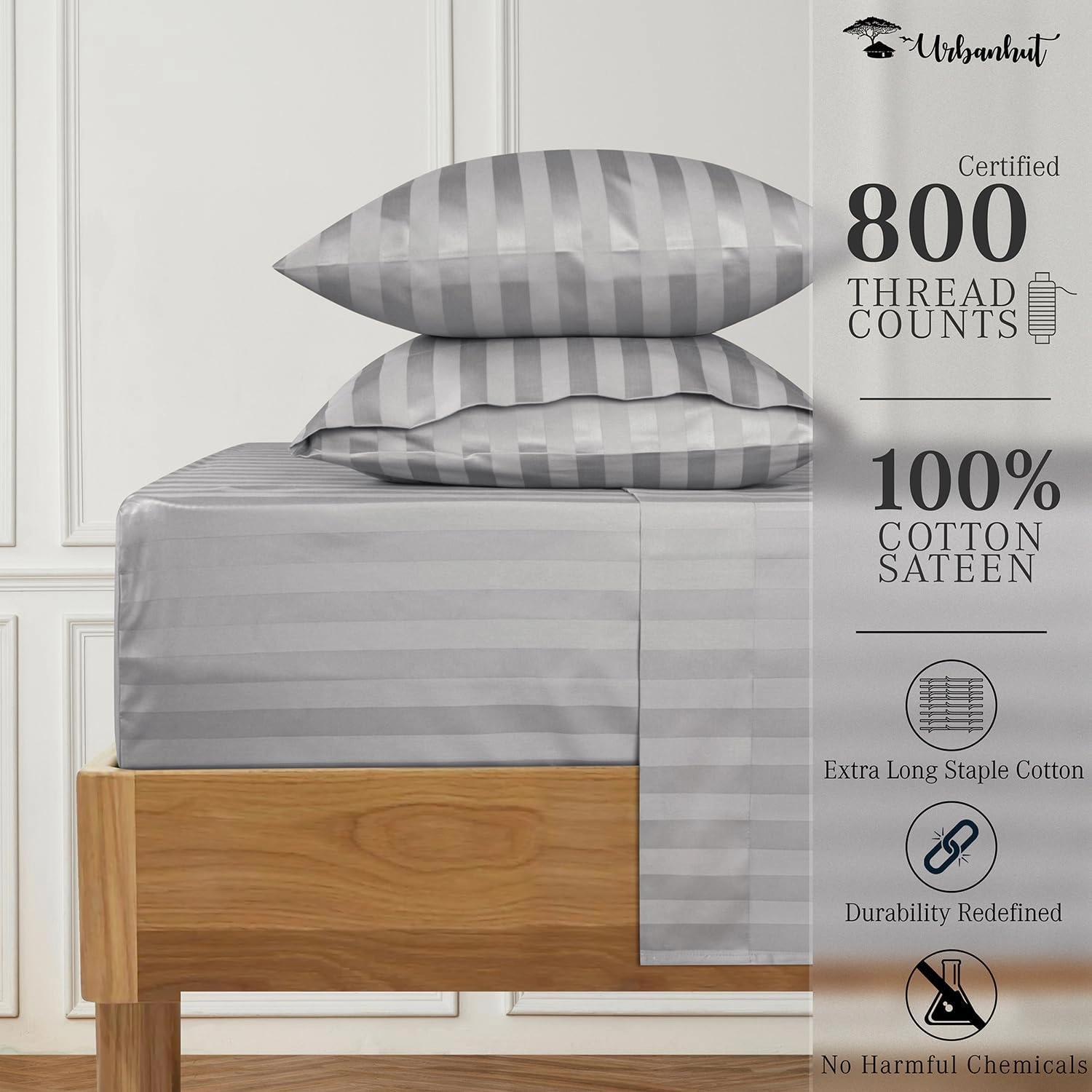 URBANHUT 800 Thread Count Egyptian Cotton Damask Striped Queen Size Sheets Set (4 Pc) - Ultra Soft & Smooth, Sateen Weave Queen Size Sheets, Luxury Hotel Sheets with 16" Deep Pocket - Silver Grey
