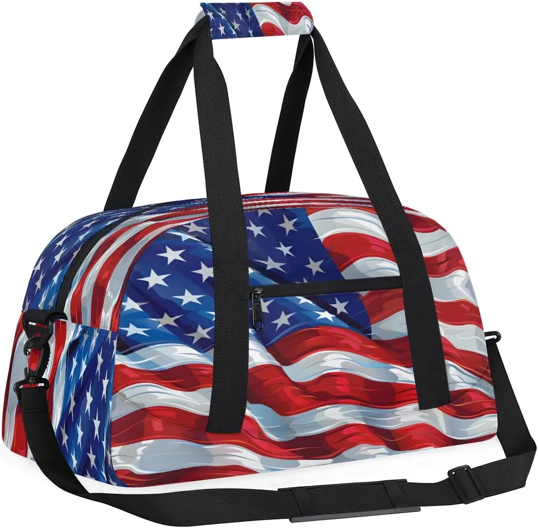 USA Flag Kids Overnighter Duffel Bags for Boys, Carry-On Size Sports Gym Bag with Front Zipper Pocket for School Practice or Overnight Travel Weekender Sleepover Tote Bag