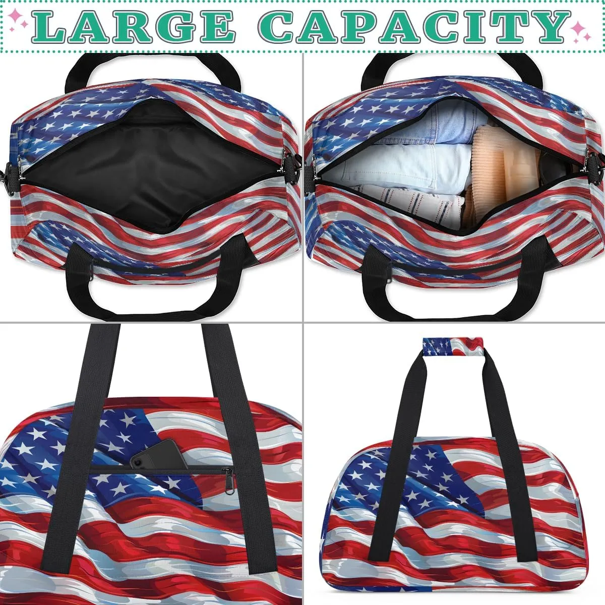 USA Flag Kids Overnighter Duffel Bags for Boys, Carry-On Size Sports Gym Bag with Front Zipper Pocket for School Practice or Overnight Travel Weekender Sleepover Tote Bag