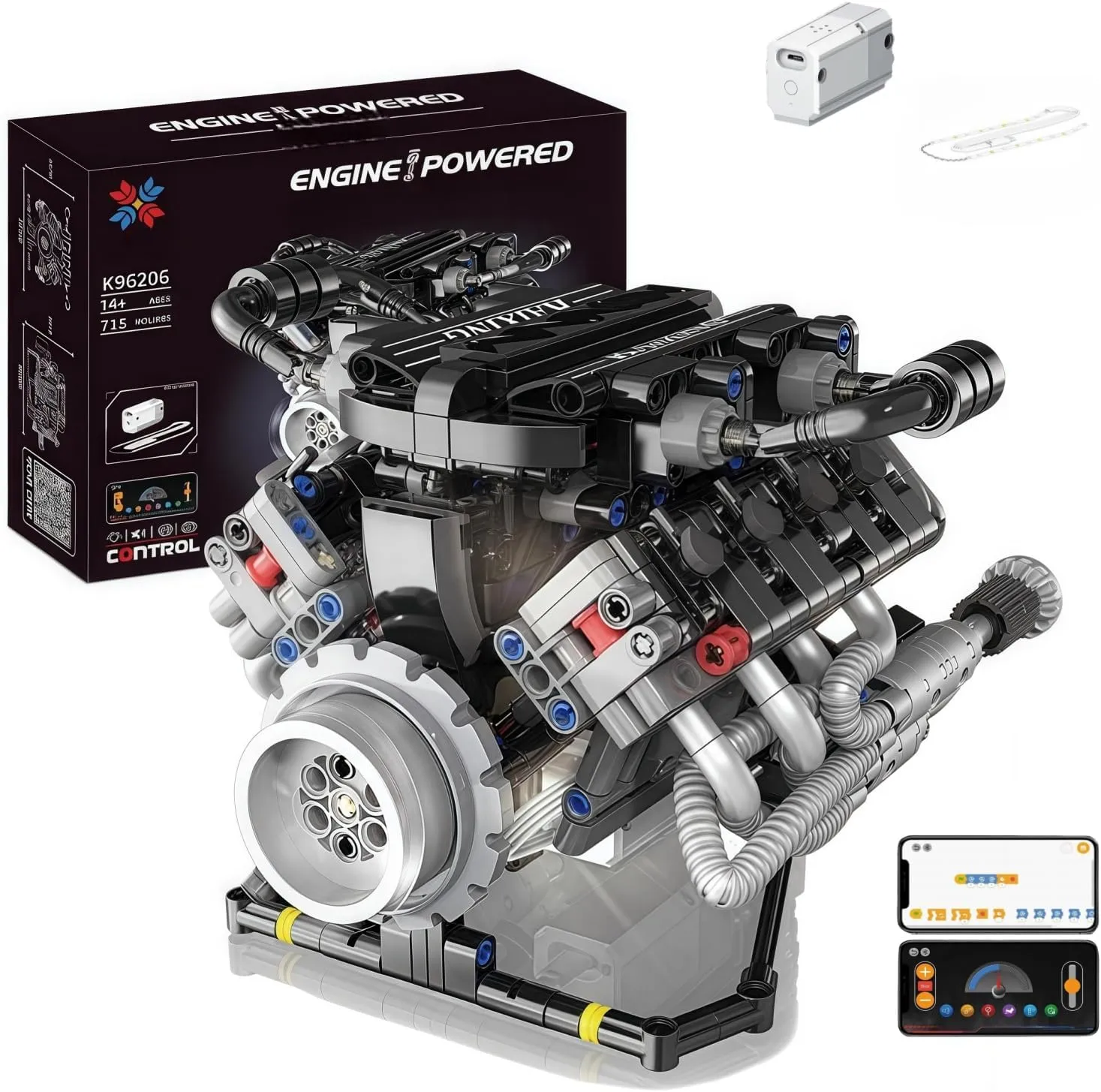 V8 Engine Building Kits That Runs with Motor - 715 Pcs Build Your Own Visible APP Controls Operation Model,8-Cylinder Transparent Design Car Engine Building Engineering Set for Adults
