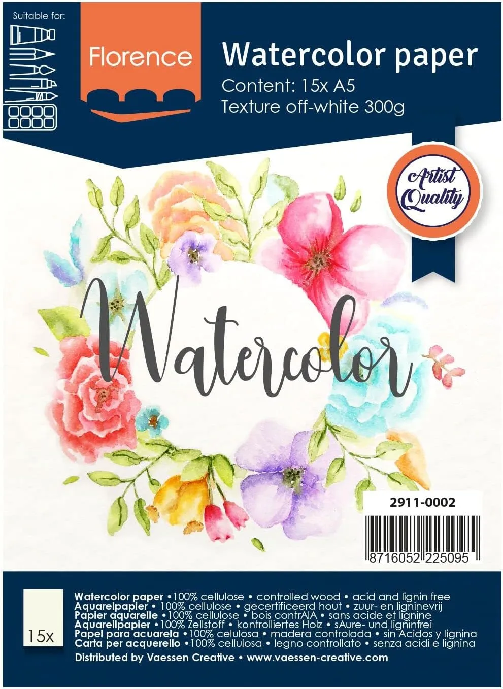 Vaessen Creative Florence Watercolour Paper A5, Ivory, 300 GSM, Artist Grade Quality, Textured Surface, 15 Sheets for Painting, Handlettering, Art Projects