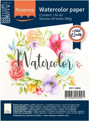 Vaessen Creative Florence Watercolour Paper A5, Ivory, 300 GSM, Artist Grade Quality, Textured Surface, 15 Sheets for Painting, Handlettering, Art Projects