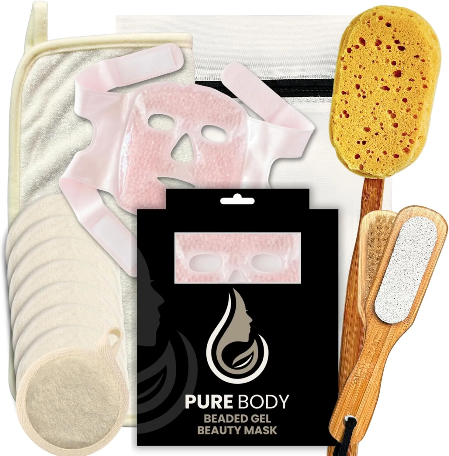Valentine's Day Spa Gift for Women - Cold Press Beauty Mask, Foot Scrubber Mat, Bath Sponges Reusable Makeup Remover Rounds, Body and Foot Buffer Sponge Set