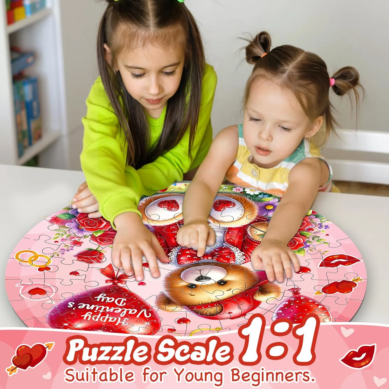 Valentines Floor Puzzles for Kids Age 4-8, Valentiens Day Gifts for Kids Classroom Exchange Gifts Love Bear and Balloons Large Jigsaw Puzzles Educational Learning Toys