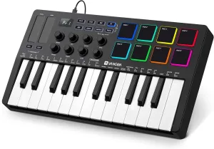 Vangoa 25 Keys Midi Keyboard Controller, Mini Portable Beat Maker Machine with Backlit Drum Pads, 8 Knoks, 8 RGB Beating Pad for Music Production, Velocity Sensitive, LED Display, Arpeggiator, Black