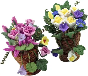 VANZACK 2Pcs Miniature Bonsai Decor Flower Basket for Doll House Desktop Adorable Floral Accents for Kitchen Office and Fairy Garden Landscape Decoration