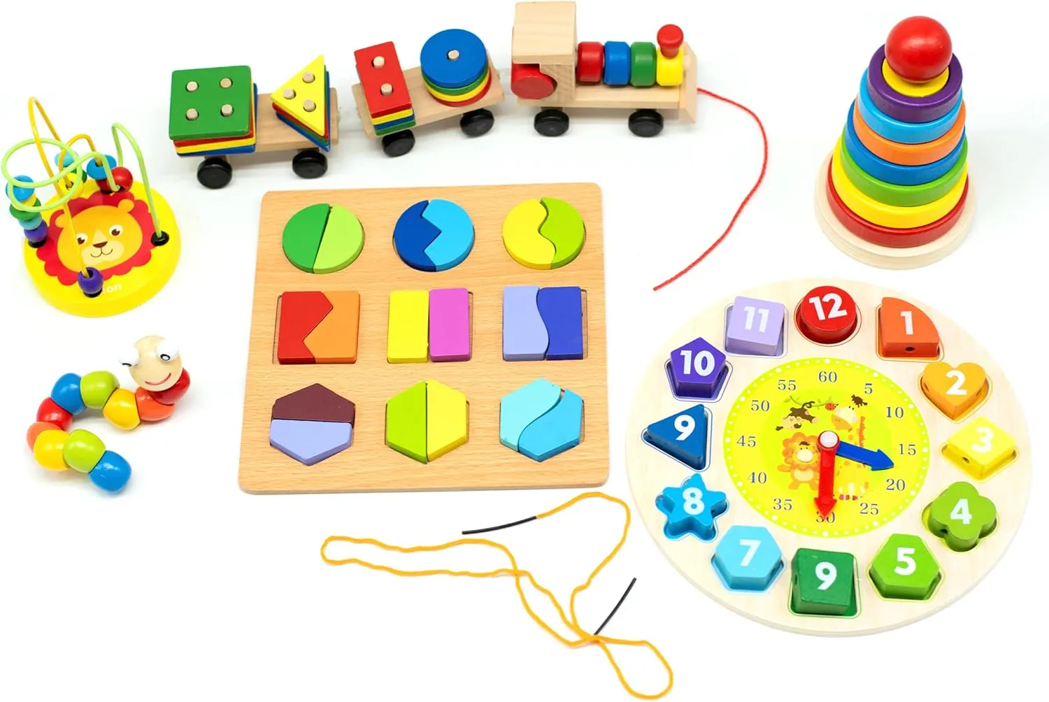 Variety Pack of 6 Wooden Toys - Toys for Toddlers 3 Year Old & Up, Stacking & Lacing Toys, Fine Motor Skills Toys, Bead Maze, Educational Shape Puzzle