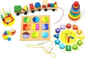 Variety Pack of 6 Wooden Toys - Toys for Toddlers 3 Year Old & Up, Stacking & Lacing Toys, Fine Motor Skills Toys, Bead Maze, Educational Shape Puzzle