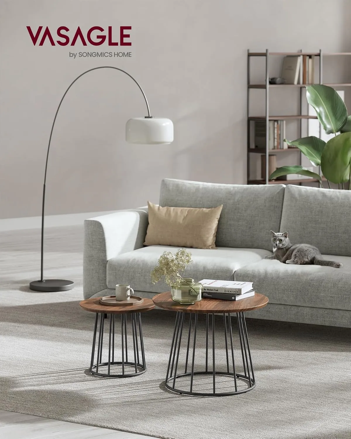 VASAGLE Round Coffee Tables, Set of 2, Modern Circle Side Tables with Steel Frame, for Living Room, Bedroom, Natural Walnut ULCT045K43