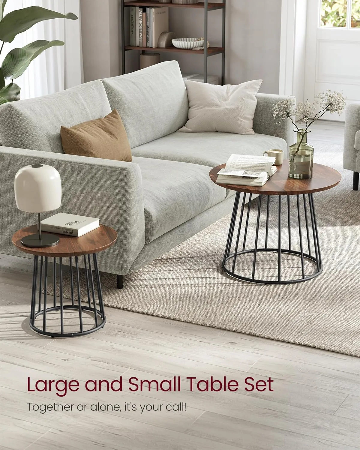 VASAGLE Round Coffee Tables, Set of 2, Modern Circle Side Tables with Steel Frame, for Living Room, Bedroom, Natural Walnut ULCT045K43