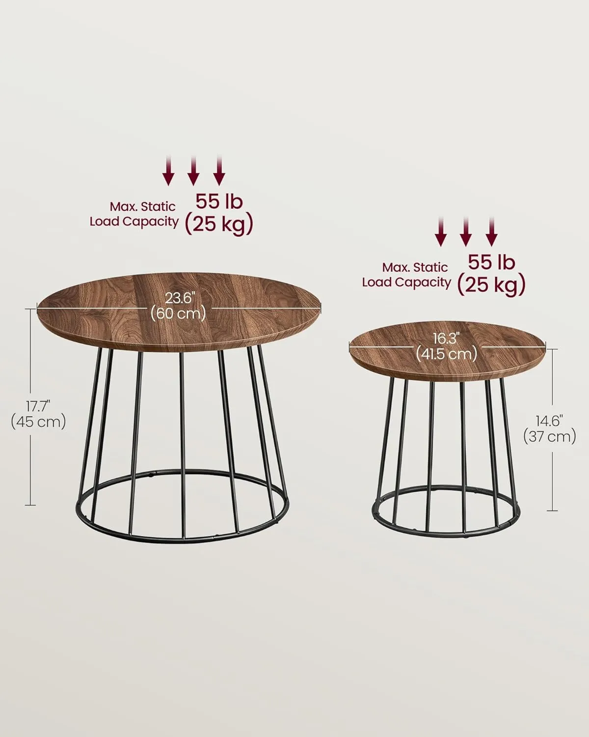 VASAGLE Round Coffee Tables, Set of 2, Modern Circle Side Tables with Steel Frame, for Living Room, Bedroom, Natural Walnut ULCT045K43